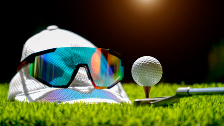 Golf equipment concept. Golf ball on tee, white golf hat, sunglasses on the golf course.の写真素材