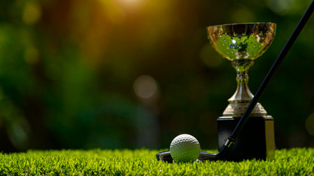 Golf champion trophy on green grass with golf clubs and golf ball in beautiful golf course.の写真素材