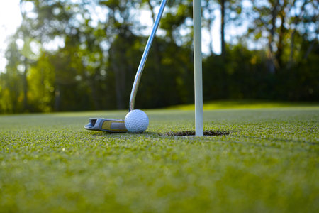 Top view of a golf ball with putter on green course at hole. Golf ball and golf club on green in the evening golf course with sunshine.の写真素材
