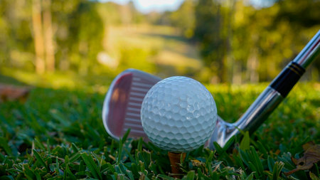 Golf clubs and golf balls on a green lawn in a beautiful golf course with morning sunshine. Close up of golf equipment on green grass.の写真素材