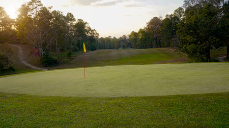 Green grass and woods on a golf field. View of Golf Course with beautiful putting green. Golf course with a rich green turf beautiful scenery.の写真素材