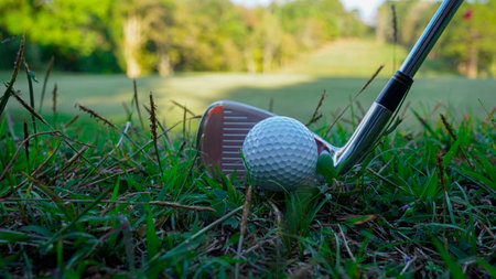 Golf clubs and golf balls on a green lawn in a beautiful golf course with morning sunshine. Close up of golf equipment on green grass.の写真素材