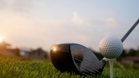 Golf clubs and balls on a green lawn in a beautiful golf course with morning sunshine. Close up of...