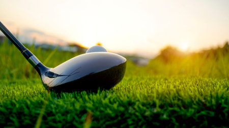 Golf clubs and balls on a green lawn in a beautiful golf course with morning sunshine. Close up of golf equipment on green grass.の写真素材