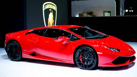 NONTHABURI ,THAILAND , April 6, 2017 ,Lamborghini Aventador red color on display car on The 38th Bangkok International Motor Show 2017 at Impact Arena,のeditorial素材