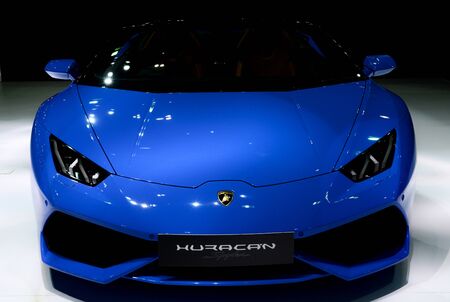 NONTHABURI ,THAILAND , April 6, 2017 ,Lamborghini Huracan blue colour on display car on The 38th Bangkok International Motor Show 2017 at Impact Arena,のeditorial素材