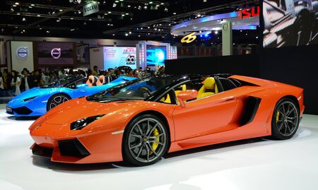 NONTHABURI ,THAILAND , April 6, 2017 ,Lamborghini Aventador red color on display car on The 38th Bangkok International Motor Show 2017 at Impact Arena,のeditorial素材