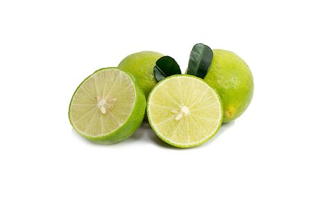 Green lime isolated on white backgroundの写真素材