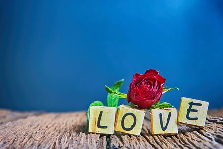 Four rustic alphabet blocks spelling out "Love" with a heart and red rose  on woodの写真素材