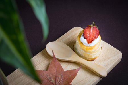 Vol au vent strawberry on brown backgroundの写真素材