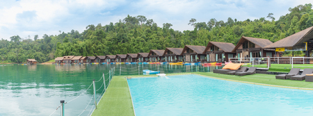 View at Ratchadapha Dam at Surat Thani. Mountains and water with sky and fog in the damのeditorial素材