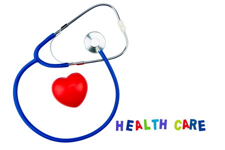 Blue stethoscope isolated and red heart on white background. Medical stethoscope and red heart isolated on whiteの写真素材