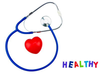 Blue stethoscope isolated and red heart on white background. Medical stethoscope and red heart isolated on whiteの写真素材