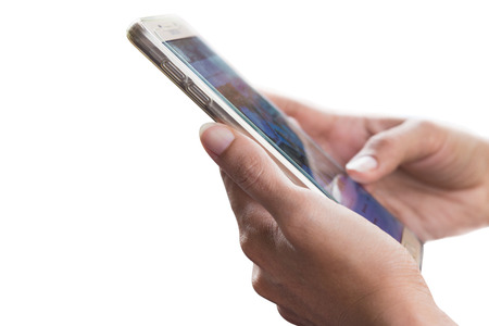 Hands playing mobile, concept is people playing the phone on white background