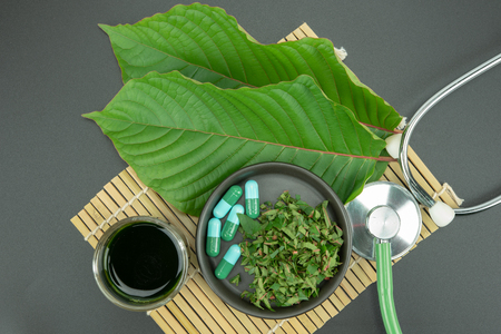 Mitragynina speciosa or Kratom leaves with powder product in white ceramic bowl and water from the extracts the kratom leaves. Supplement kratom green capsules.の写真素材