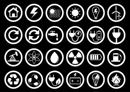Energy icon set. Energy Icon on Square Black and White Button Collectionのイラスト素材