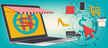 Online shopping concept. Set of flat design vector illustration concepts of online shopping. Laptop, tablet with screen Shopping Cart. Shopping icons. Flat style, vector illustration.のイラスト素材