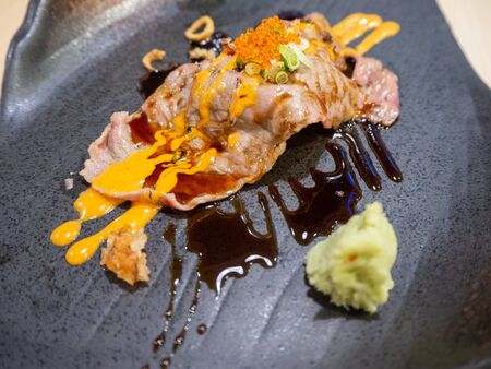 Japanese food restaurant. japanese food  at rustic wood backgroundの写真素材