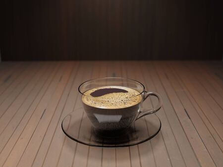 Hot coffee americano on the old wooden table. A cup of coffee on a plate.  Americano black coffee. Coffee cup on the wooden background. Hot Coffee.の写真素材