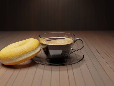 Hot coffee americano on the old wooden table. A cup of coffee on a plate.  Americano black coffee. Coffee cup on the wooden background. Hot Coffee.の写真素材