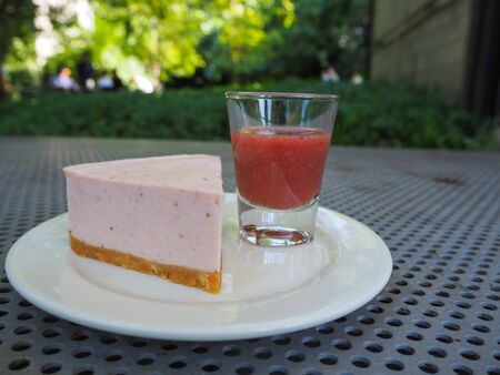 Piece of cheesecake. Slice of plain cheesecake with cranberry sauce on white plate decorated. Closeup viewの写真素材