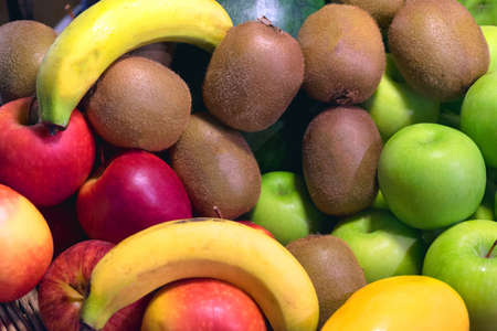 Fruit background, many fresh fruits mixed together, Background from many different exotic fruits