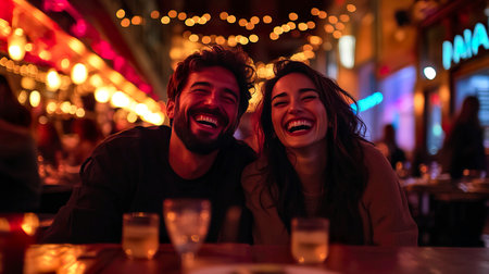 Man and woman sitting together at a table in a casual indoor settingの素材