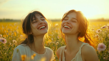 Two girls laughing joyfully in a vibrant field of colorful flowers under a clear blue skyの素材