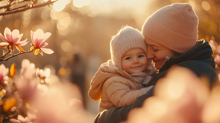 Woman holding a baby in her arms indoors with soft lighting and gentle expressionsの素材