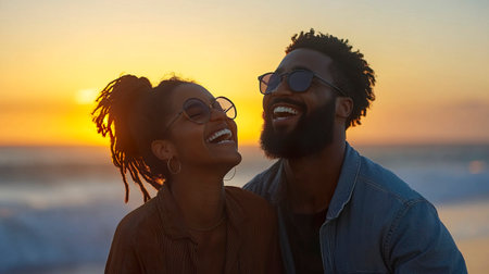 A man and woman laughing and looking at each other in a joyful moment outdoorsの素材