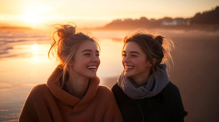 Two girls standing on the beach during a vibrant sunset with waves in the backgroundの素材