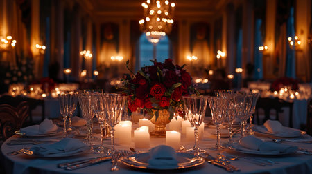 Table with a vase of flowers and candles for home decor and interior design inspirationの素材