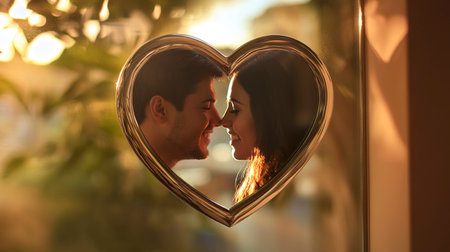 Couple gazing at each other in heart shaped mirror reflecting their love and connectionの素材
