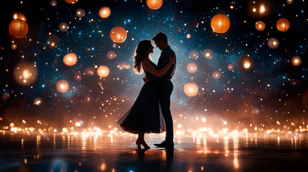 Couple dancing together in a dark setting with soft lighting and romantic atmosphereの素材
