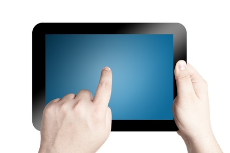 Hand holding and pointing on touch screen digital tablet isolate on white backgroundの写真素材