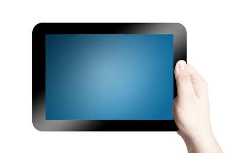 Hands holding and point on digital tablet isolated on white backgroundの写真素材