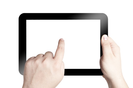 Hands holding and point on digital tablet isolated on white backgroundの写真素材