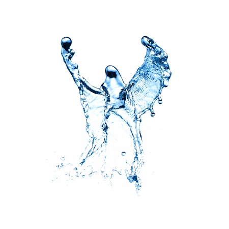 blue water splash forming a bird shape isolated on white backgroundの写真素材