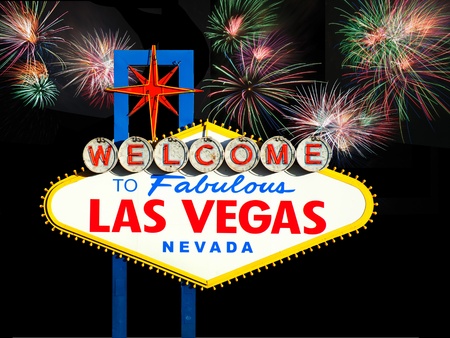Welcome to Las Vegas Sign with Fireworks in the backgroundの写真素材