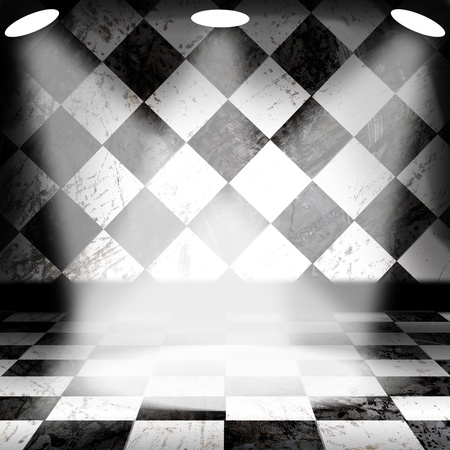 Black And White Check Grunge Room with spotlight and smokeの写真素材