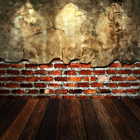 Wooden floor with brick wall and cement wallの写真素材