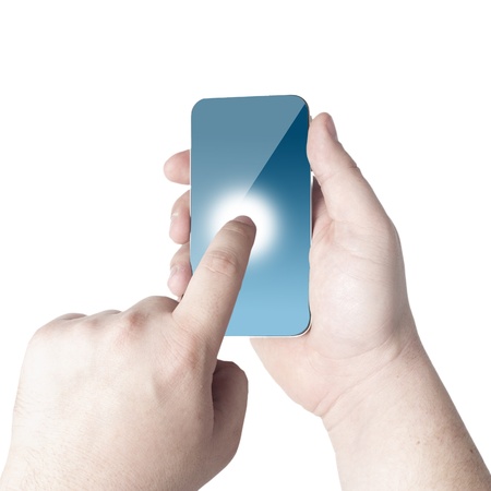 Hands holding and point on touch screen mobile phone with 3D globe icon coming from the screen on white backgroundの写真素材
