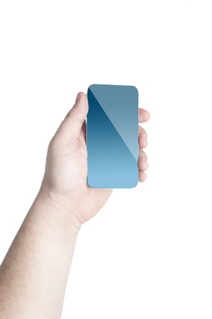 Man s hand holding on the touch screen mobile phone on white backgroundの写真素材