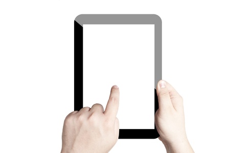 Two hands holding and point on digital tablet with digital blue screen  Isolated on white backgroundの写真素材