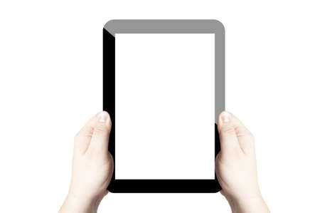 Two hands holding on digital tablet with white screen  Isolated on white backgroundの写真素材