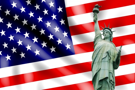 Independence Day, 4th of July, with american flag and statue of libertyの写真素材