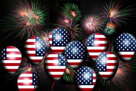 Independence Day, 4th of July, with american flag balloon and fireworksの写真素材