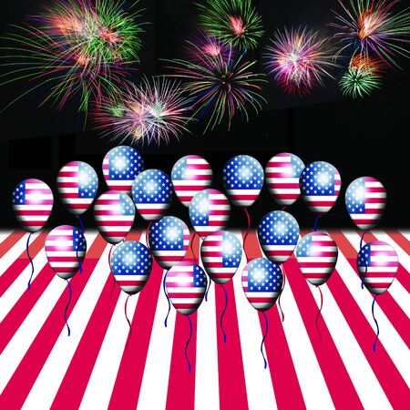 Independence Day, 4th of July, with american flag balloon and fireworksの写真素材