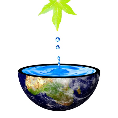 Water drop from green left to the earth bowl  Concept for earth restorationの写真素材