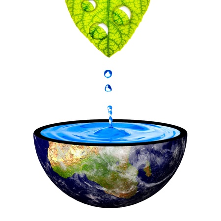 Water drop from green left to the earth bowl  Concept for earth restorationの写真素材